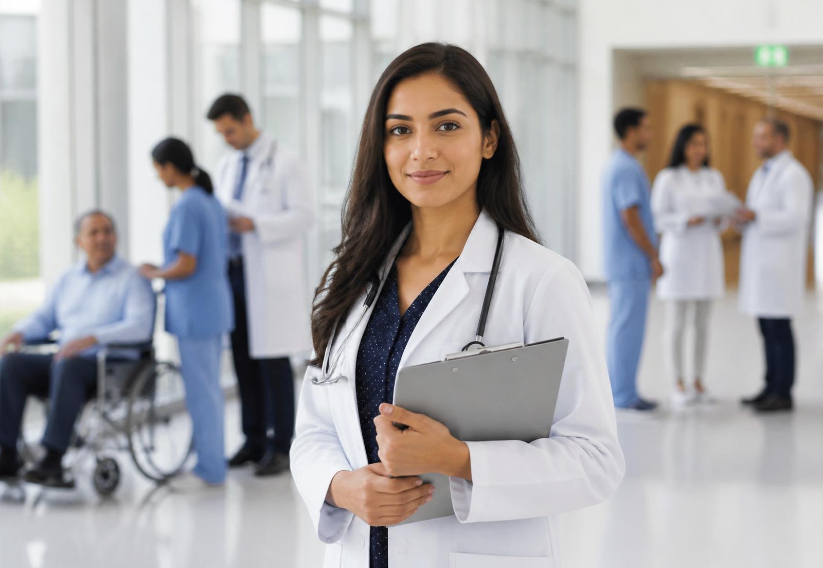 Confident young doctor in a modern hospital with colleagues in the background
