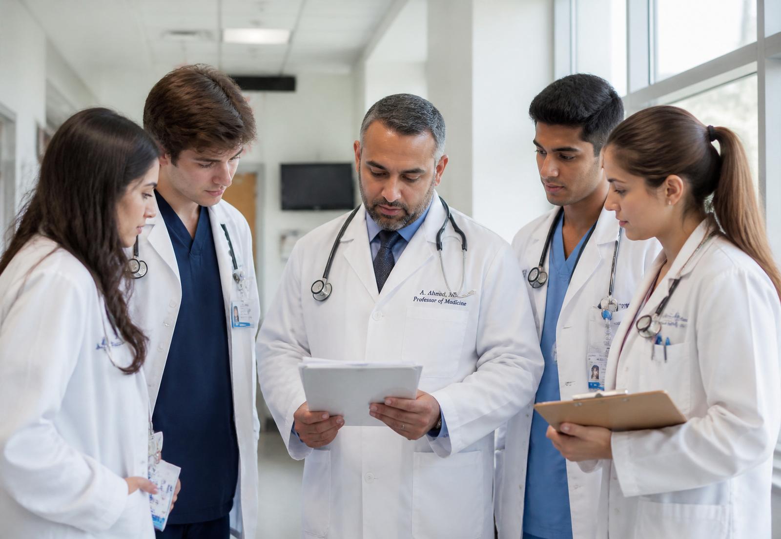 Medical students and a doctor reviewing a case in a bright hospital corridor