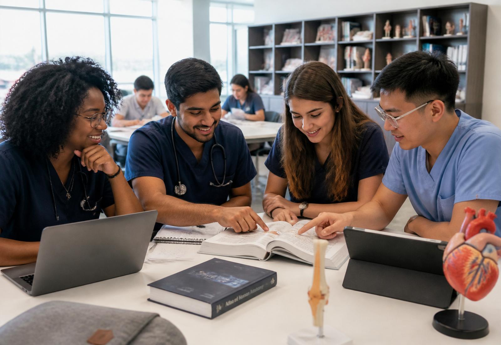 Medical students collaborating around textbooks and anatomical models in a bright classroom