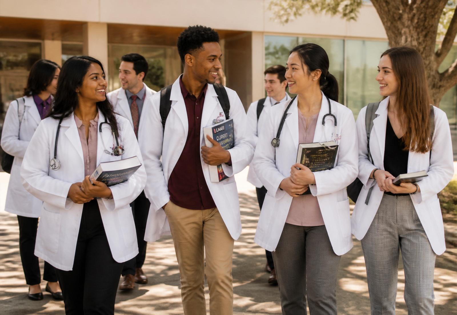 Diverse medical students in white coats walking together on a sunlit campus